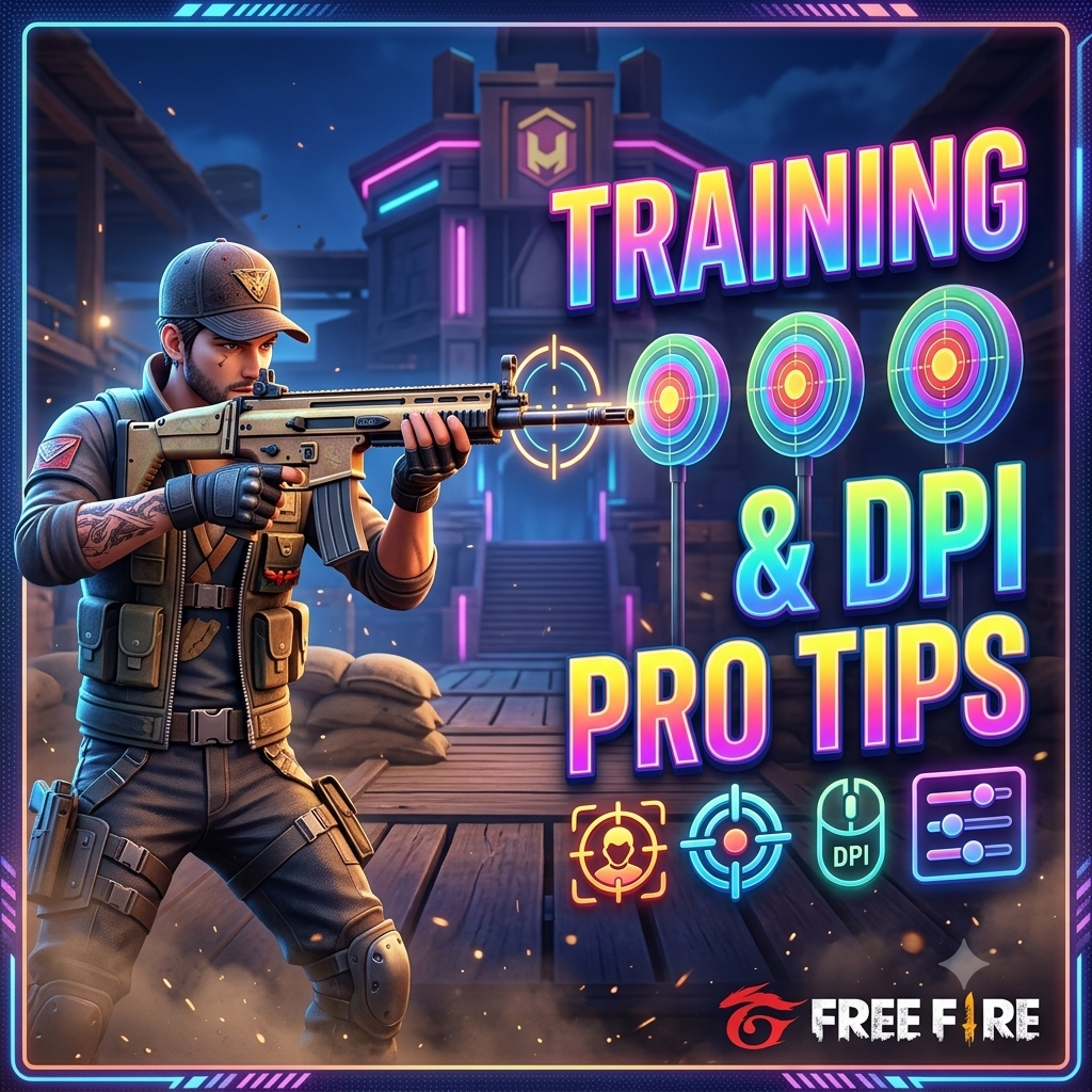 Free Fire training ground showing sensitivity practice with moving targets at different distances