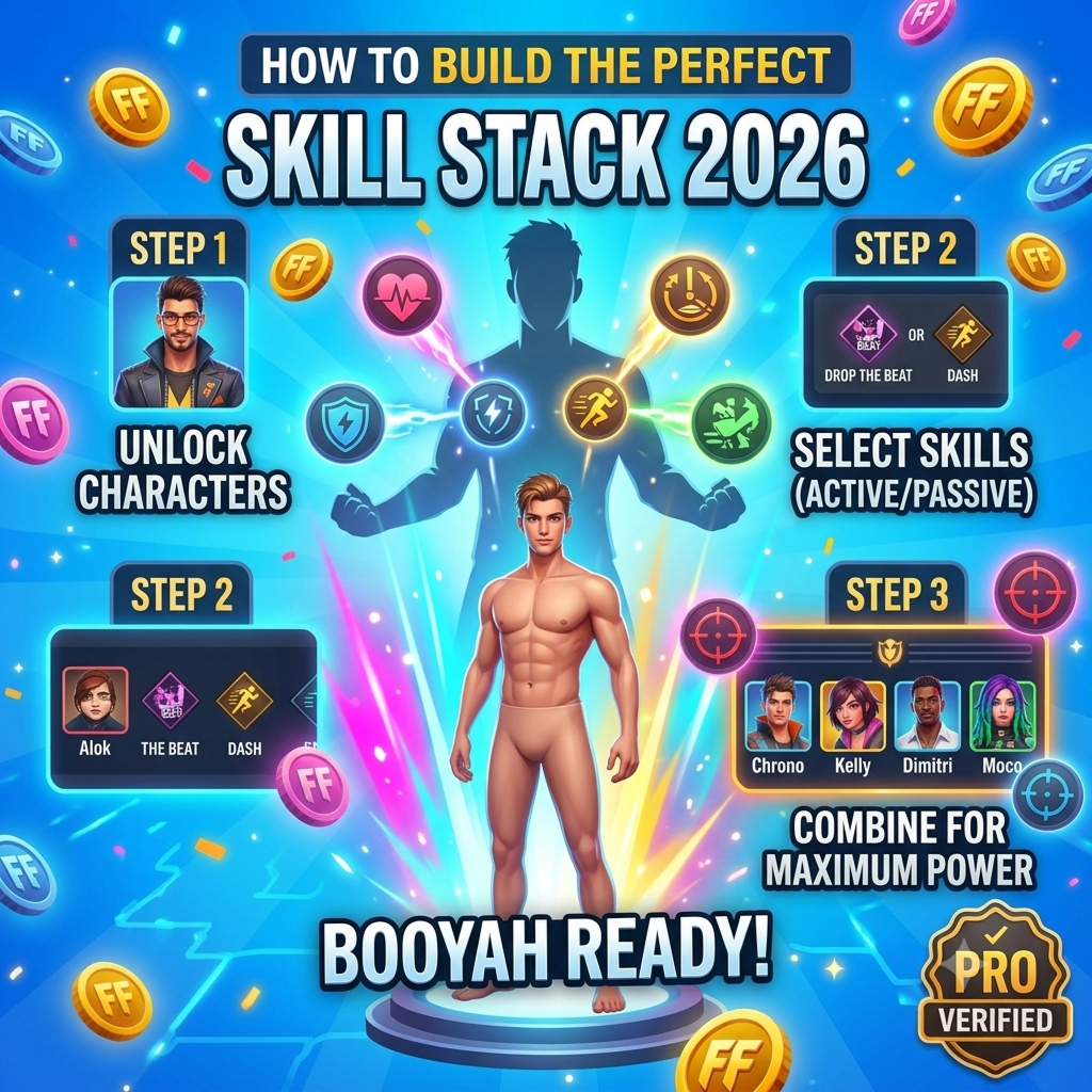 Free Fire character selection screen showing skill stack combinations and tiers