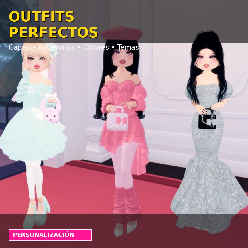 Tres avatars de Dress To Impress con looks variados mostrando personalización y accesorios