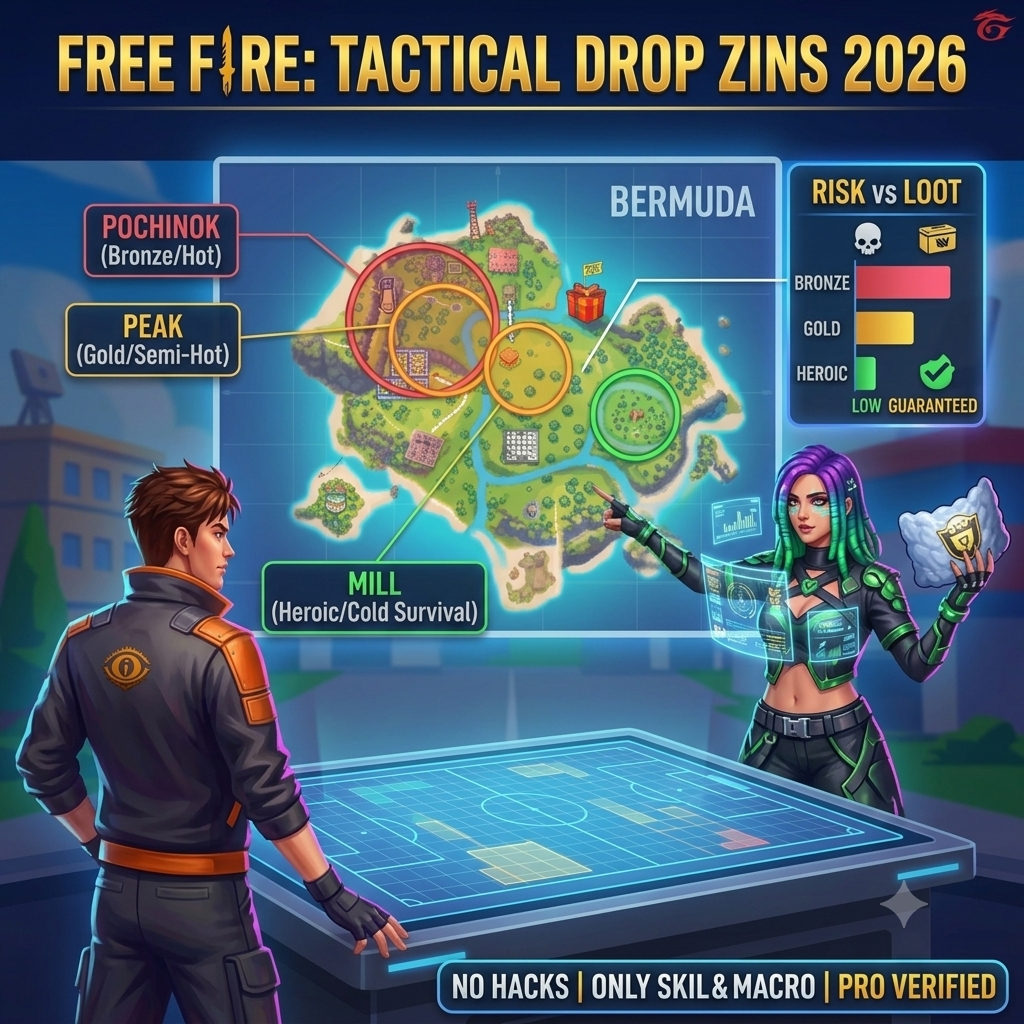 Free Fire Bermuda map showing recommended drop zones for each rank tier